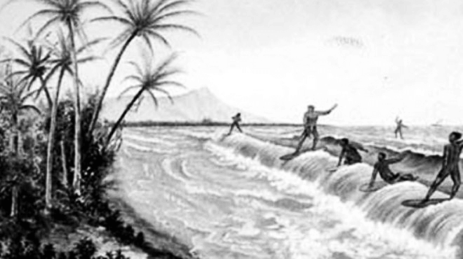 picture of Hawaiians surfing on top of a wave